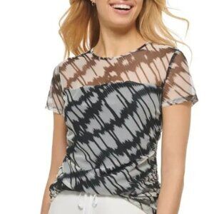 DKNY Short Sleeve Ruched Black & White Abstract Print Mesh Lined Top Medium
